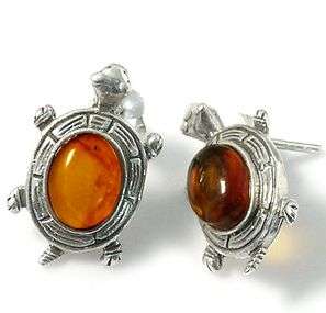 **International Shipping** Vintage Style Amber Sterling Silver Turtle Earrings