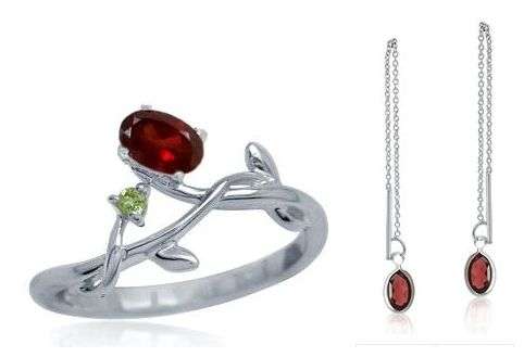 SPECIAL OFFER!! 2 FOR 1!Garnet & PeridotSterling Silver Leaf Ring 7&Garnet Sterling Silver Earrings
