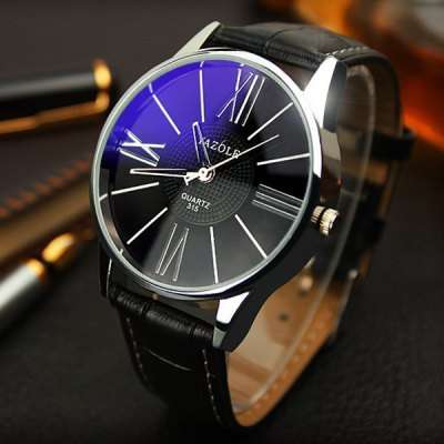 Yazole 315 Men Quartz Watch Leather Strap Wristwatch  -  BLACK