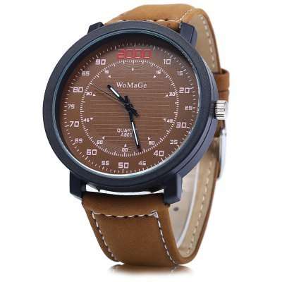 Womage A805 Double Scales Men Quartz Watch Leather Band  -  BROWN