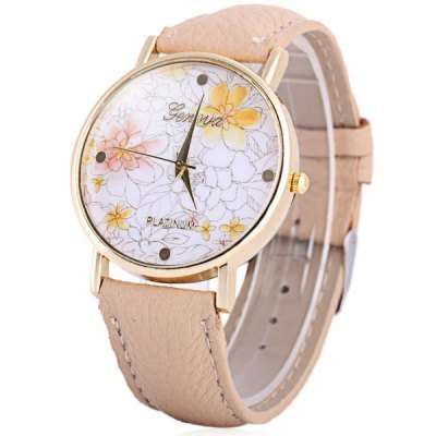 Geneva Quartz Flower Watch Leather Band for Woman  -  KHAKI