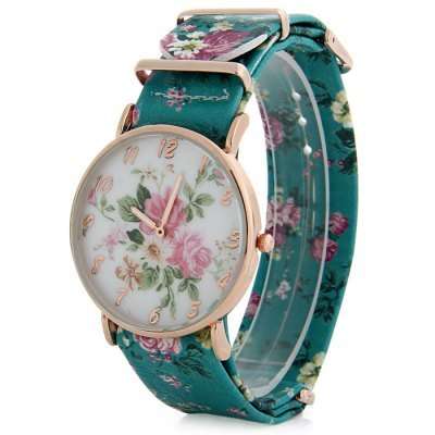 Floral Print Style Design Female Quartz Watch with Leather Strap  -  GREEN