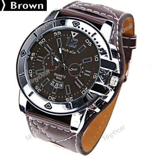 Wide Leather Band Business/Leisure Quartz Watch - BROWN