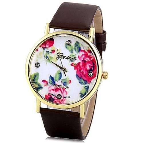 Geneva Womens Watch with Rose Round Dial and Leather Band - BROWN