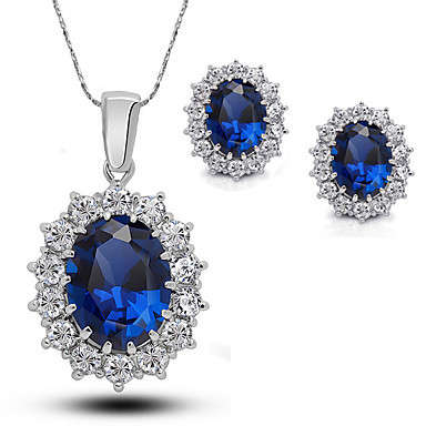 Women European Style Luxury Fashion Blue Gemstone Earrings Necklace Set