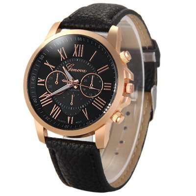 Fashion Women Geneva Quartz Watch with PU Leather Strap - BLACK