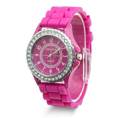 Geneva Silicone Quartz Analog Crystal Watch - HOT PINK