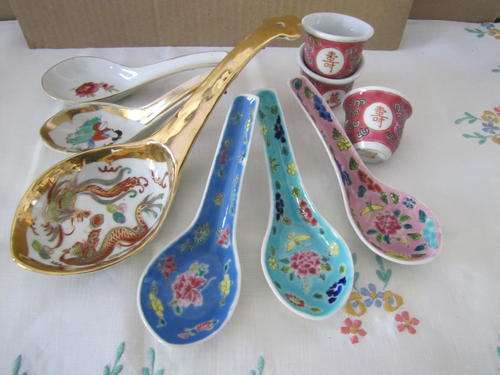 6 Oriental Spoons and 3 Saki bowls