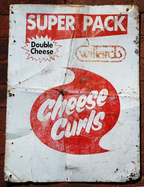 Beautiful Old Super Pack WILLARDS CHEESE CURLS Sign-- Original sign - Metal