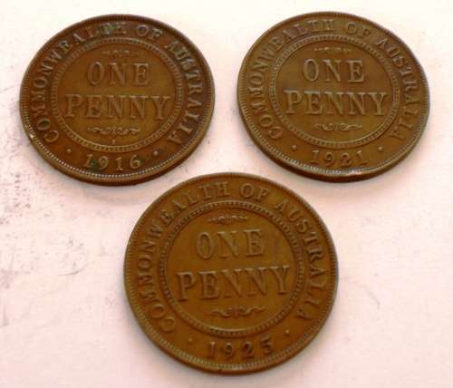 1916 ,1921 & 1925  COMMONWEALTH OF AUSTRALIA ONE PENNY  x 3 With the Scarce 1925 !!!