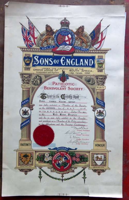 Beautiful Old SONS OF ENGLAND Certificate -- 1924 (St George for England)