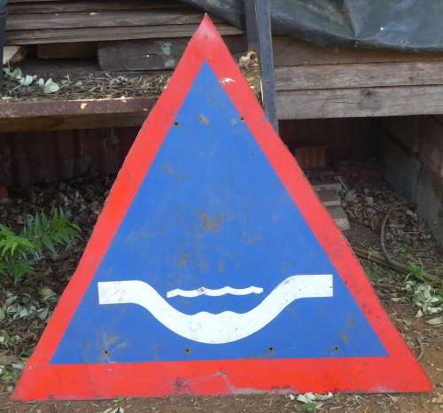 Vintage Road Sign ---  Low Water Bridge /  Laagwater Brug  --- (Original Metal Sign)