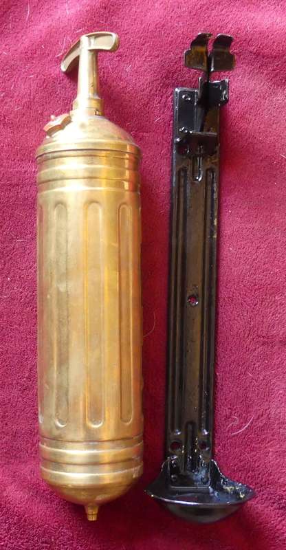 Antique Brass PYRENE fire extinguisher -- With original bracket -- Still full --