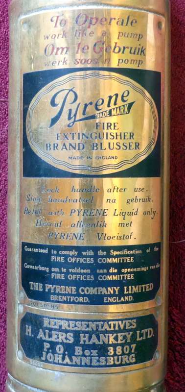 Antique Brass PYRENE fire extinguisher -- With original bracket -- Still full --