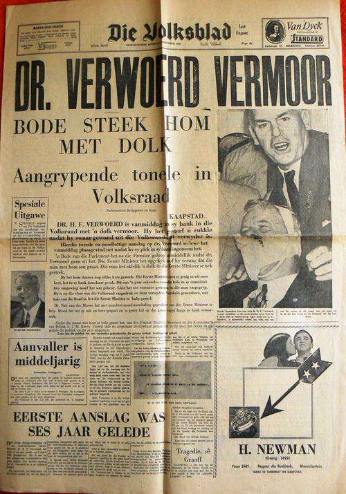 Dr Verwoerd Vermoor!  "Die Volksblad" Koerant voorblad 6 Sep 1966. 50 Jaar sedert die sluipmoord op