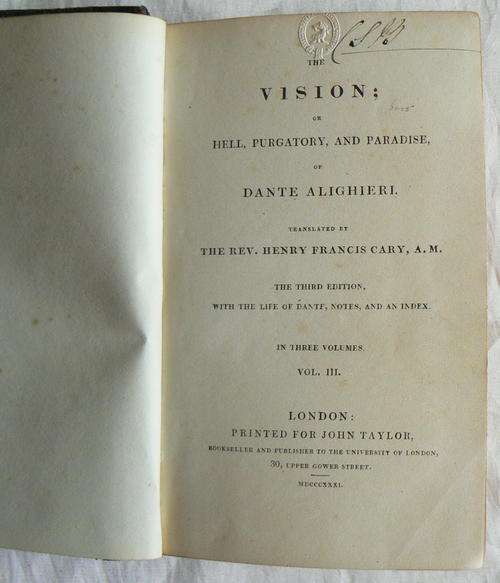 RARE 1834 - The Vision of Hell, Purgatory and Paradise Vol III by Dante Alighieri --Crazy R1 Sale --