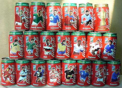 1999 Rugby World cup COCA-COLA 340ml tin cans -- Colectable series with 21 cans