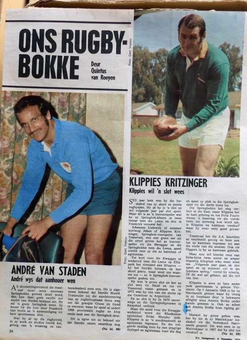 Ons Rugby Bokke, ANDRE van STADEN en KLIPPIES KRITZINGER  Huisgenoot 6 Des 1974