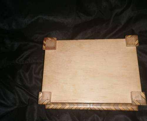 ANTIQUE WOODEN MARQUETING BOX WITH TUFFED FABRIC AND A SECRET LOCK