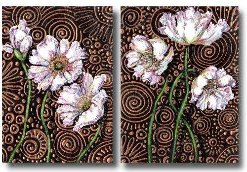 FREE COURIER --- 2 x WHITE POPPIES Original Paintings by SA artist, Cherie Roe Dirksen