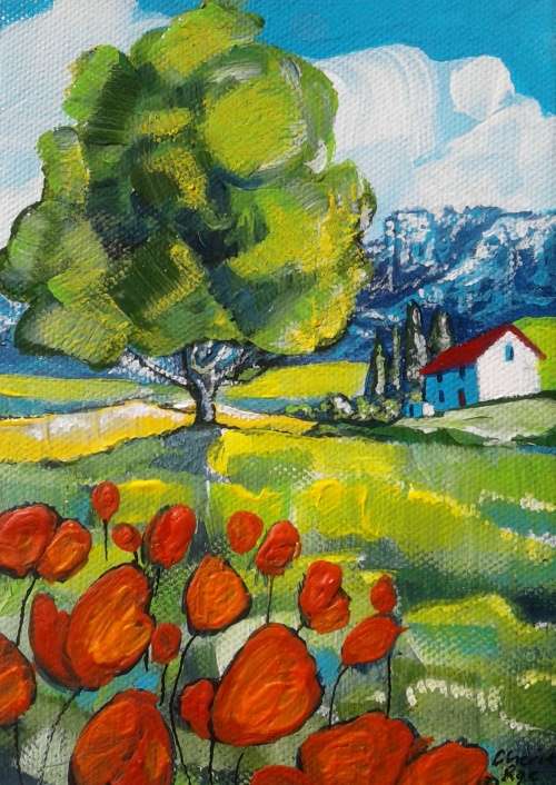 SALE + FREE COURIER! 'RED POPPY COTTAGE' - Original Painting by Cherie Roe Dirksen 180x130x40