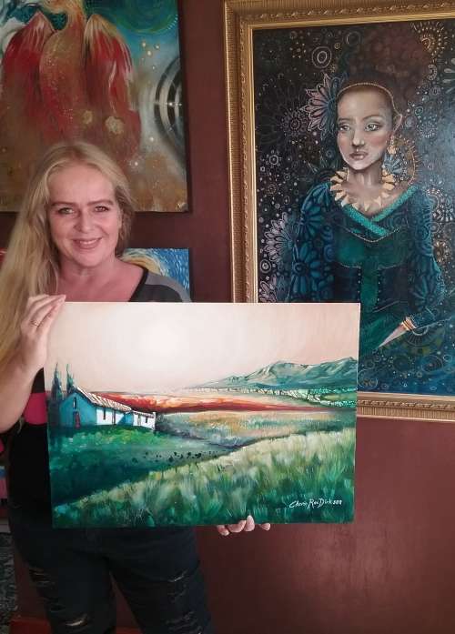 FREE COURIER - `MISTY MORNING IN THE KAROO` -Large ACRYLIC Painting by SA Artist, Cherie Roe Dirksen