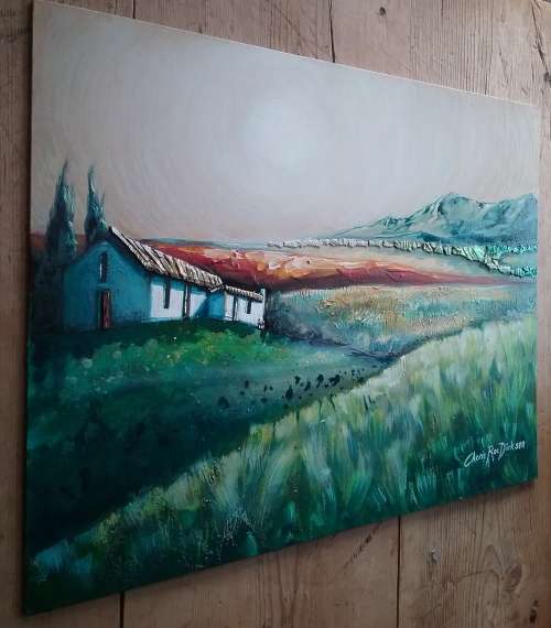 FREE COURIER - `MISTY MORNING IN THE KAROO` -Large ACRYLIC Painting by SA Artist, Cherie Roe Dirksen