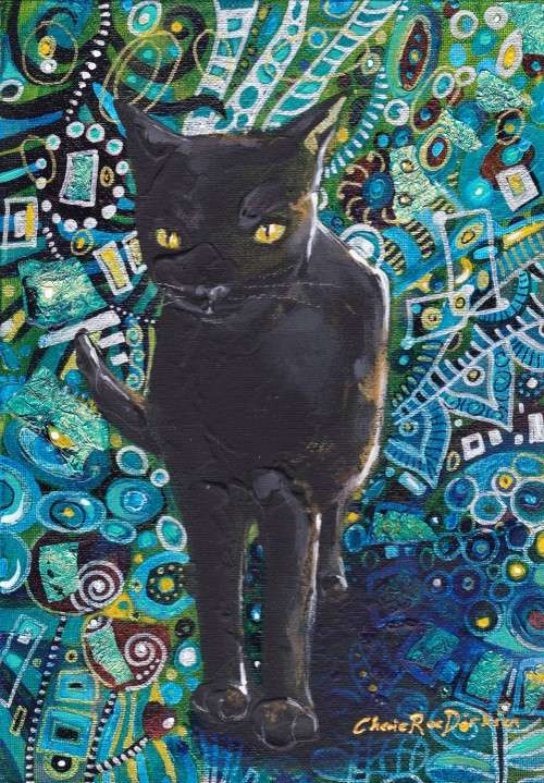 FREE COURIER --- `KLIMT`S CAT` --- Original A4 Painting on Canvas Board by Cherie Roe Dirksen