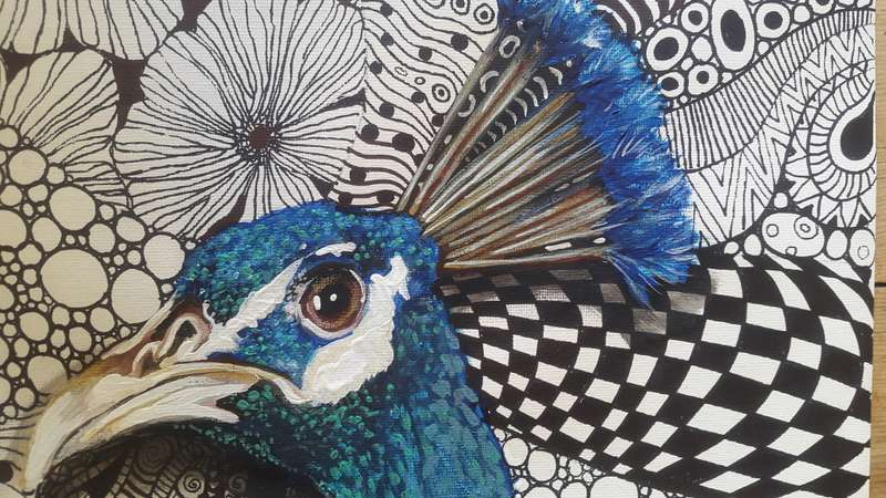 Original Framed ACRYLIC and INK Peacock Painting by South African Artist, Cherie Roe Dirksen