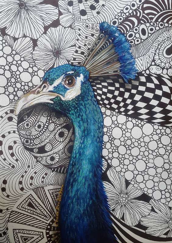 Original Framed ACRYLIC and INK Peacock Painting by South African Artist, Cherie Roe Dirksen