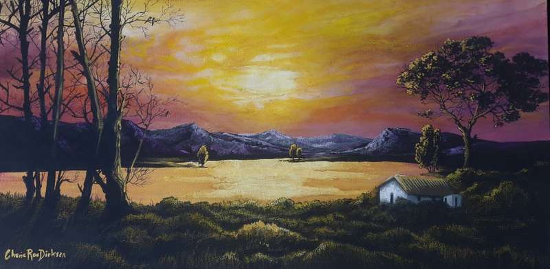 Beautiful ORIGINAL Art Acrylic SUNSET LAKE LANDSCAPE Painting by SA Artist, Cherie Roe Dirksen