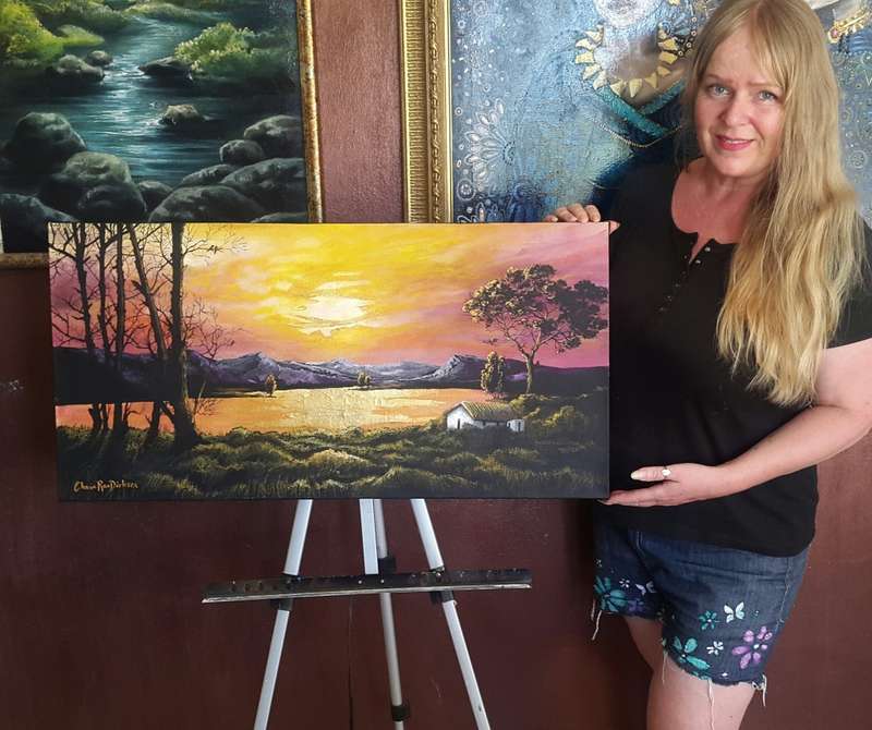 Beautiful ORIGINAL Art Acrylic SUNSET LAKE LANDSCAPE Painting by SA Artist, Cherie Roe Dirksen