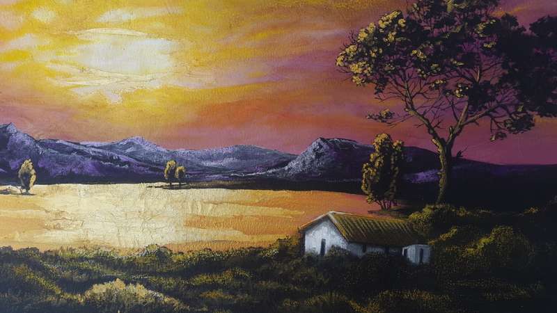 Beautiful ORIGINAL Art Acrylic SUNSET LAKE LANDSCAPE Painting by SA Artist, Cherie Roe Dirksen