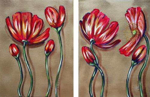 'POPPIES ON GOLD BACKGROUND' --- 2 Separate Paintings by Cherie Roe Dirksen