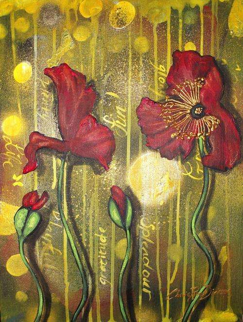 'RED POPPIES ON YELLOW' --- Original Painting by SA artist, Cherie Roe Dirksen --- 305 x 405