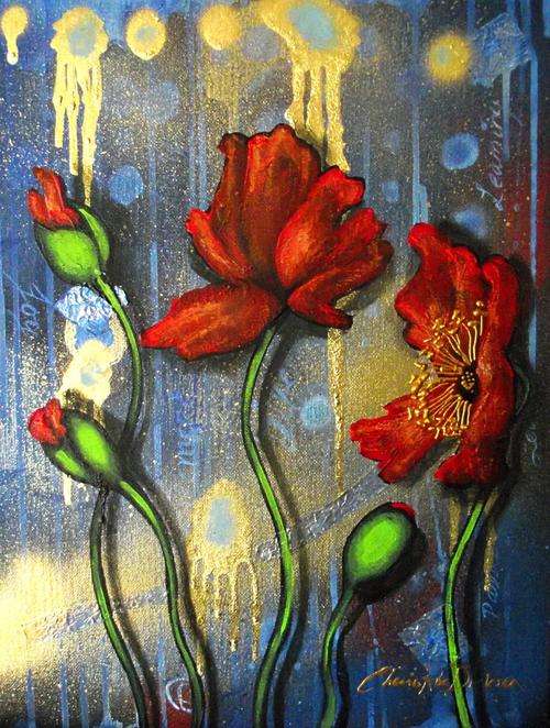 'RED POPPIES ON BLUE' --- Original Painting by SA artist, Cherie Roe Dirksen --- 305 x 405