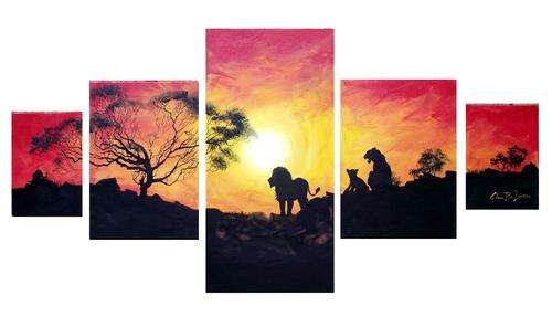 'LION FAMILY SUNSET' --- 5 Panel Painting by SA artist, Cherie Roe Dirksen --- 1015 X 510