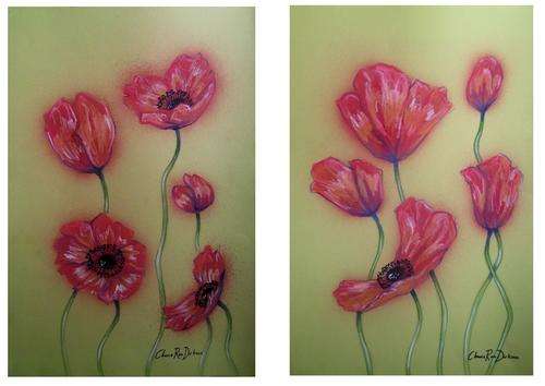 'RED POPPIES ON GREEN' --- 2 Original Artworks by SA artist, Cherie Roe Dirksen --- FREE P&P