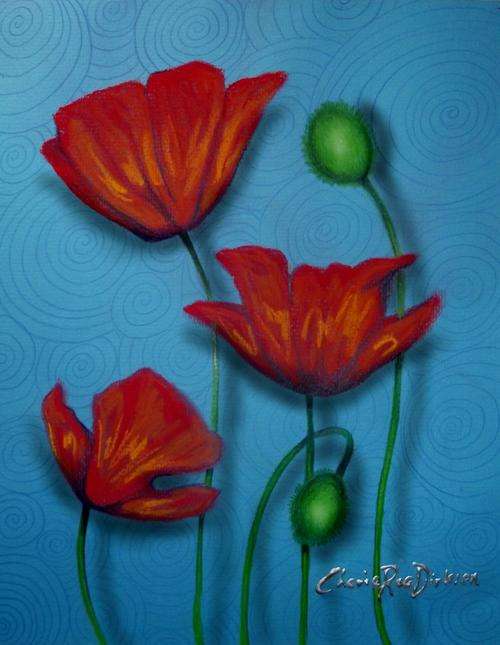 'RED POPPIES ON BLUE' --- Original Artwork by SA artist, Cherie Roe Dirksen --- FREE P&P