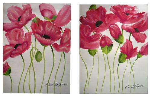 'DANCING POPPIES' --- SET OF 2 Individually Signed Original Acrylic Paintings --- FREE P&P