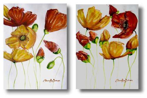 'MIXED POPPIES' --- SET OF 2 Individually Signed Original Acrylic Paintings --- FREE P&P