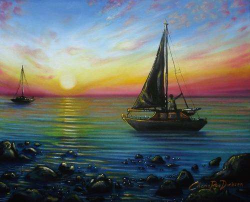 JANUARY SALE --- 'YACHTS AT SUNSET' --- Original Painting --- READY TO HANG