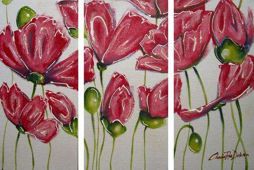 'PINK POPPIES' --- FREE P&P --- Original Triptych Painting by SA Artist --- 455 X 305