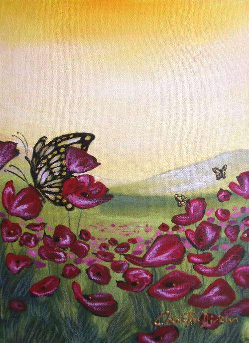 'POPPY FIELD WITH BUTTERFLIES' --- Original Acrylic Painting by Cherie Roe Dirksen --- 255mm x 355mm