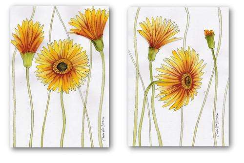 2 x Yellow Gerbera ARTWORKS!!! -  Original Acrylic on Canvas Paper (180gsm) - GALLERY PRICE: R800.00