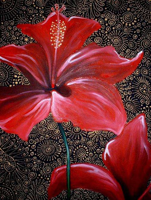Cherie Dirksen Original --- 'RED HIBISCUS II' -- Acrylic painting - R1 STARTING PRICE!!!