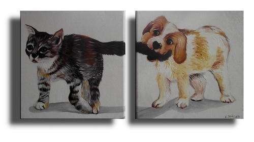 Cherie Dirksen Original Painting - 'KITTEN AND PUPPY AT PLAY' -  Diptych  - CAN BE HUNG AS IS