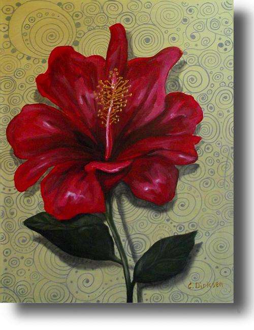 'RED HIBISCUS' - LARGE (46cm x 61cm) ORIGINAL PAINTING by South African Artist, Cherie Dirksen