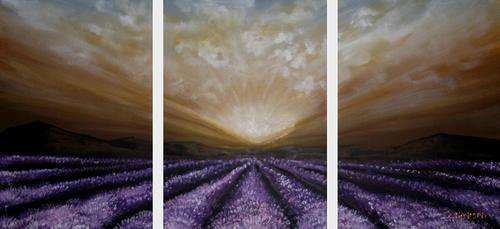 'LAVENDER FIELD SUNSET' -- 3 Panel (TRIPTYCH) Original Acrylic Painting by SA artist, Cherie Dirksen