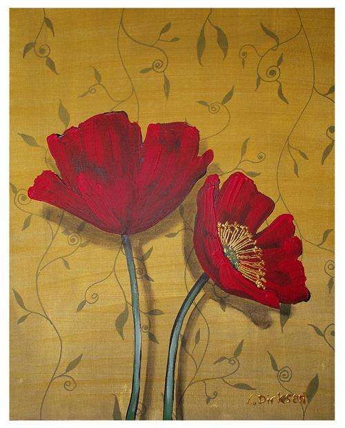 'RED POPPIES AGAINST THE WALL II' -- 355mm x 455mm -- ORIGINAL Painting by SA artist, Cherie Dirksen